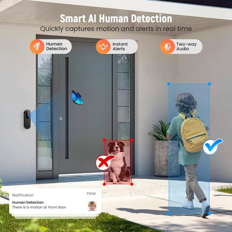 GridTera 1080p Wireless Video Doorbell Camera, AI Human Detection, Live View, Night Vision, Cloud Storage, 2.4G WiFi, Battery Powered, Indoor Outdoor Surveillance (Comes with Doorbell Receiver) - Image 3
